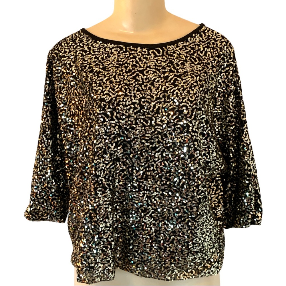 CLEO Petite Gold Sequin Glitter Glam Gem Embellished SL Draped Dolman Blouse